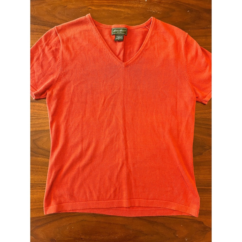 Eddie Bauer Womens Coral Orange 100% Cotton V-Neck Short Sleeve Sweater Size M